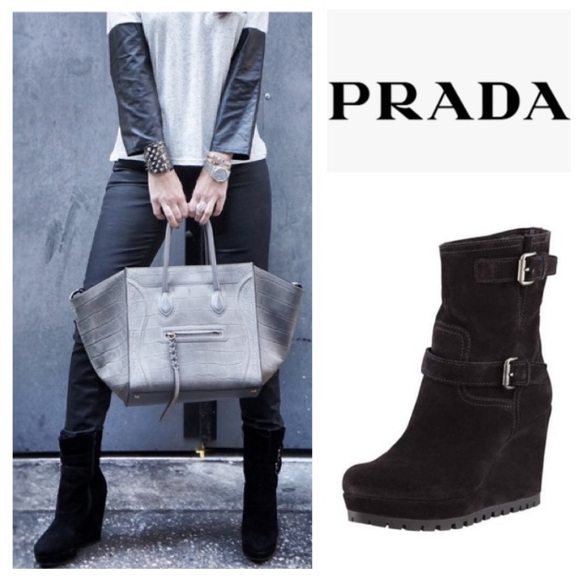 Prada Scamosciato double buckle wedge boot in black (37)